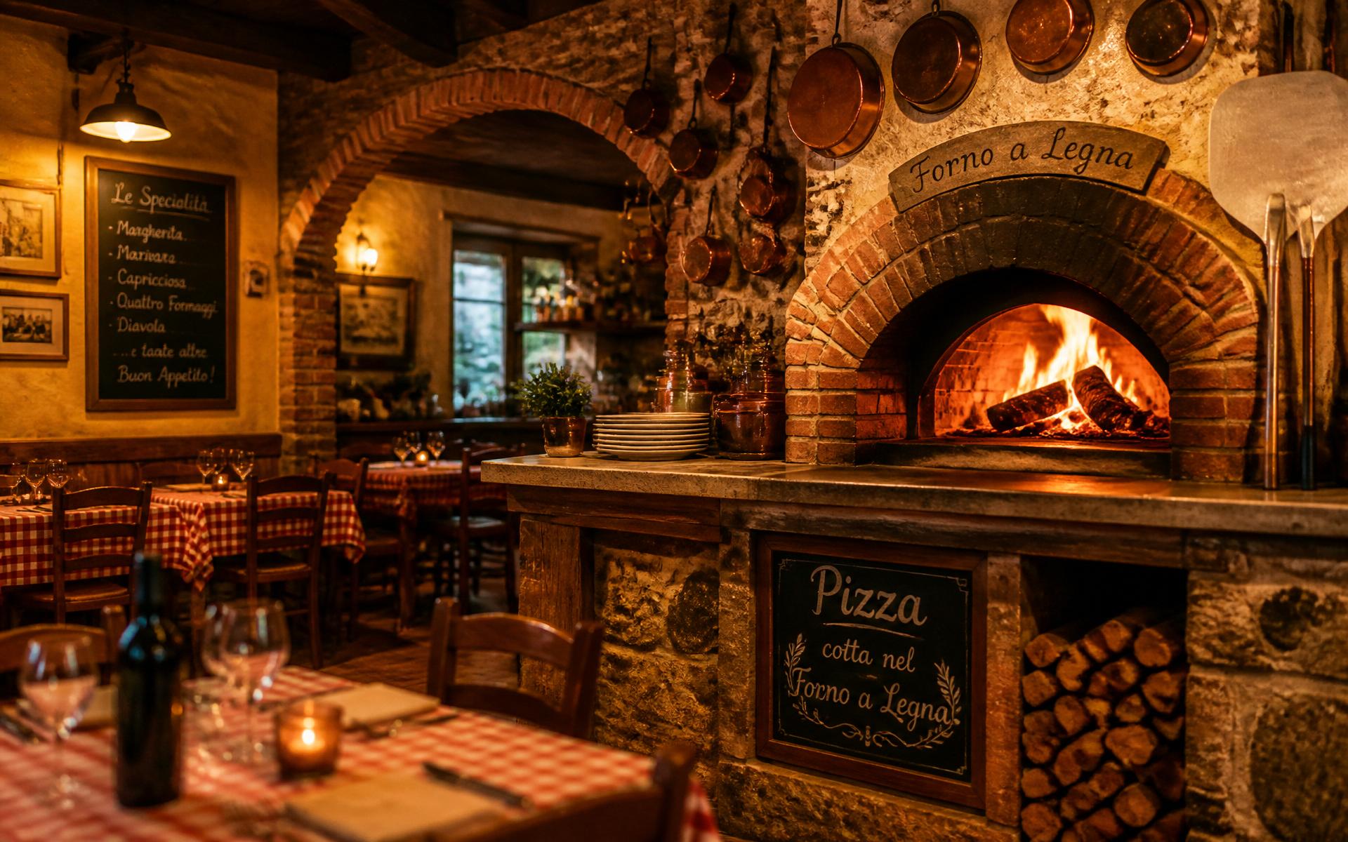 Interno della trattoria con forno a legna acceso