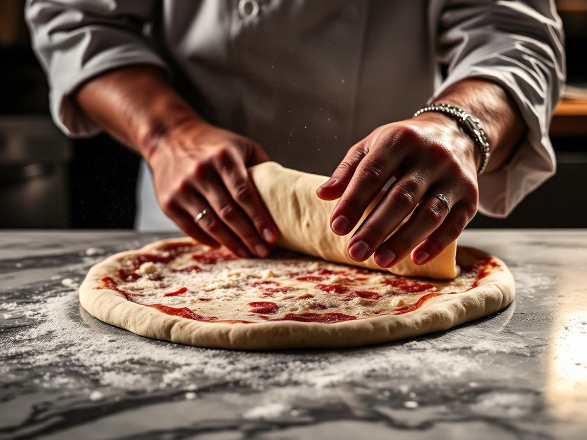 Il pizzaiolo stende l'impasto a mano
